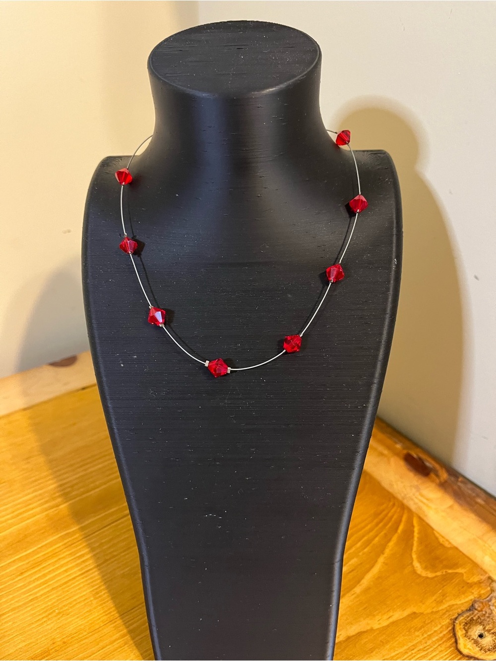Handmade 9 Red Crystal Floating Illusion Choker Necklace with extension 15”